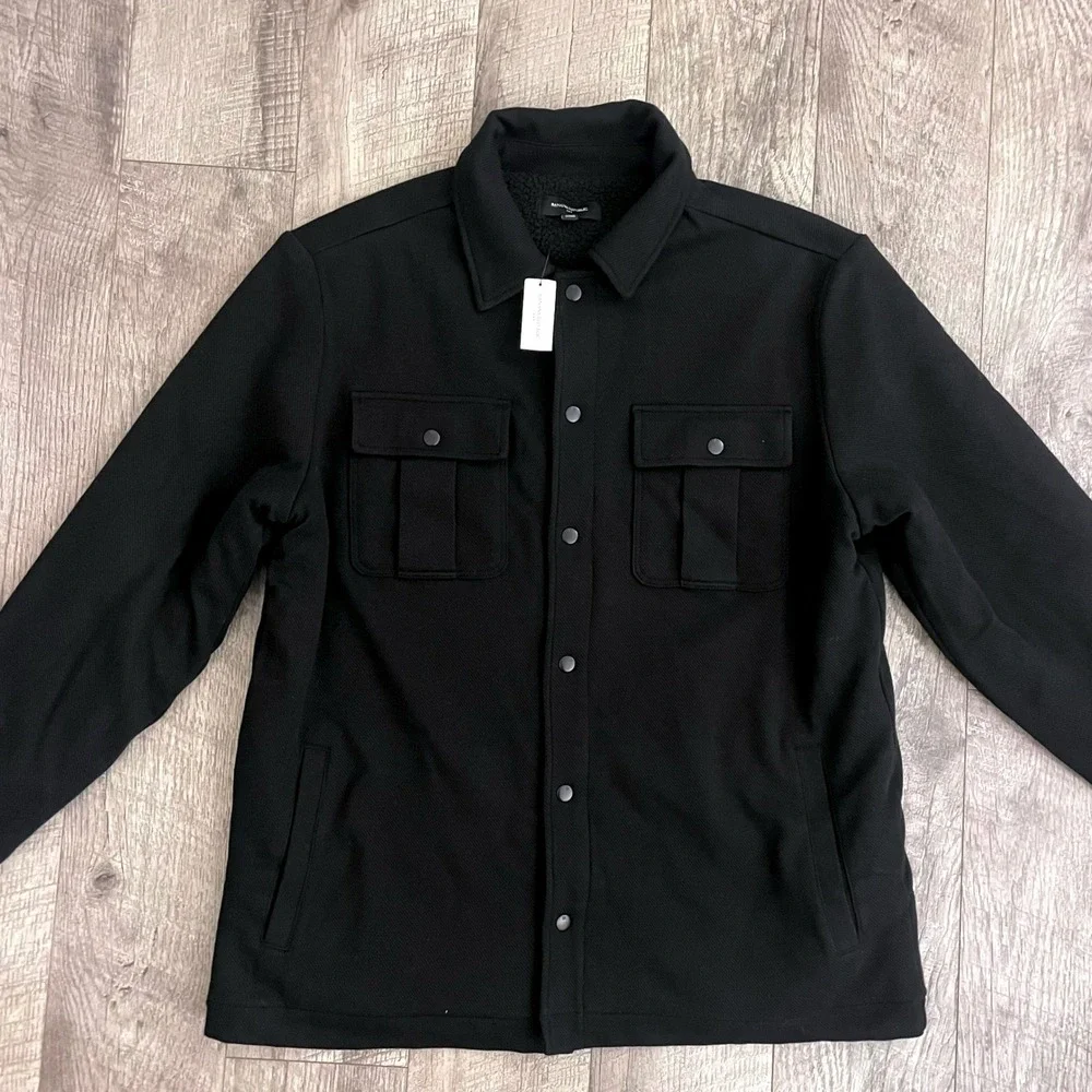 Banana Republic Mens Sherpa Lined Shirt Jacket Black Twill‎ Snap Front Large NWT